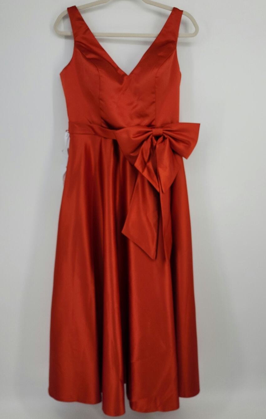 Miss Veil Orange Formal Dress Sleeveless Gown Bow Waist Pockets Lined SZ 14 NEW